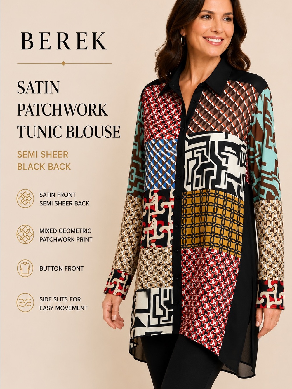 Berek Satin Patchwork Tunic Blouse XL Geometric Print High Low